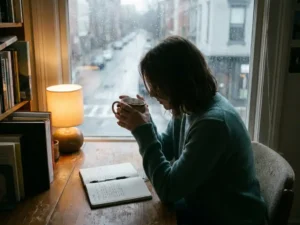 Persoon aan houten bureau bij regenachtig raam, handen om warme koffiemok, open notitieboek met pen, sfeervol amberkleurig lamplight.