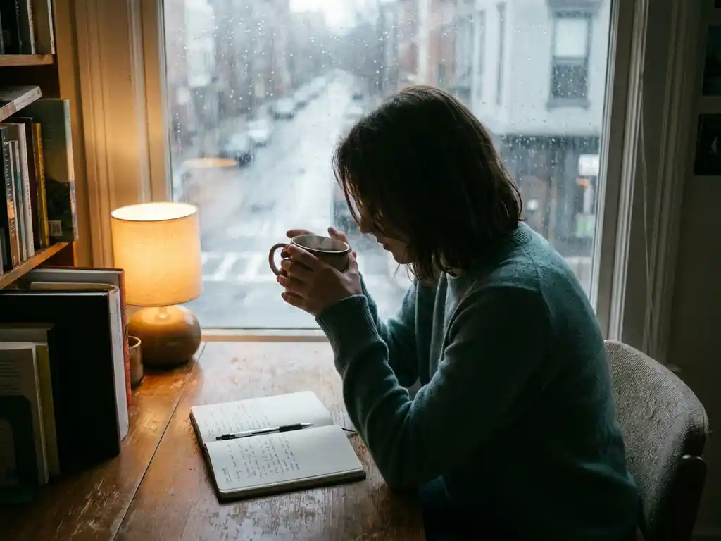Persoon aan houten bureau bij regenachtig raam, handen om warme koffiemok, open notitieboek met pen, sfeervol amberkleurig lamplight.
