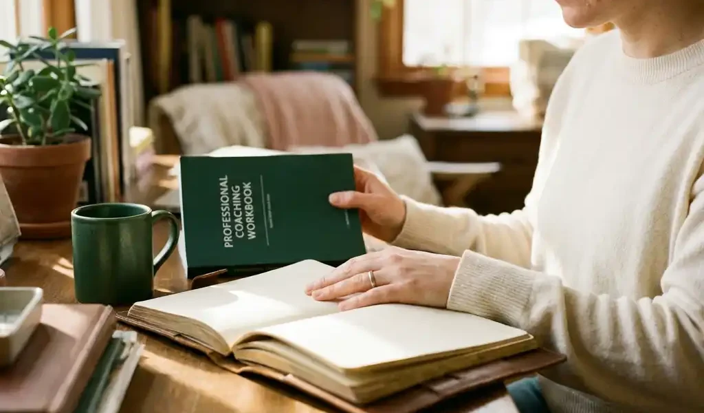 Persoon aan houten bureau met persoonlijk dagboek en professioneel coachingwerkboek in warm, zacht daglicht.