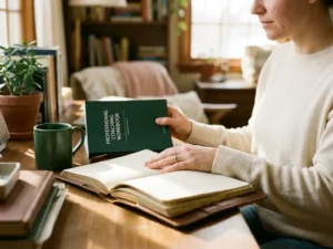 Persoon aan houten bureau met persoonlijk dagboek en professioneel coachingwerkboek in warm, zacht daglicht.