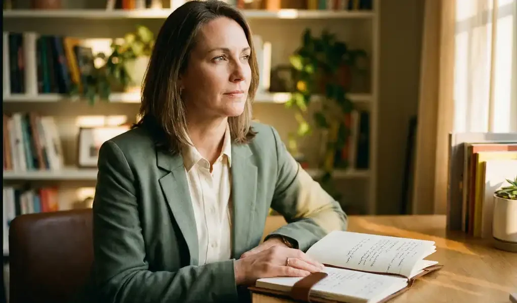 Professionele vrouw in smart casual kleding bij een zonnig houten bureau, hand op open dagboek, blik omhoog in een warme coachingkamer.
