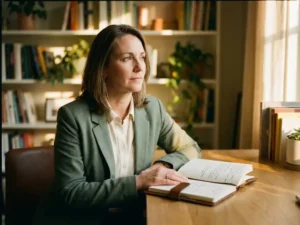 Professionele vrouw in smart casual kleding bij een zonnig houten bureau, hand op open dagboek, blik omhoog in een warme coachingkamer.