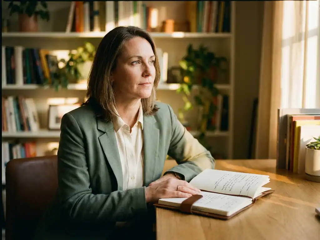 Professionele vrouw in smart casual kleding bij een zonnig houten bureau, hand op open dagboek, blik omhoog in een warme coachingkamer.