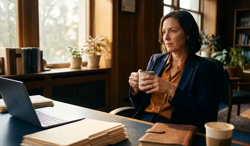 Professionele vrouw in zakelijk pak aan bureau met laptop en documenten, tegenover gesprekspartner in warm kantoor met natuurlijk licht.
