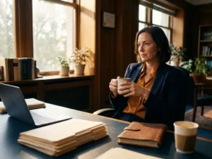 Professionele vrouw in zakelijk pak aan bureau met laptop en documenten, tegenover gesprekspartner in warm kantoor met natuurlijk licht.