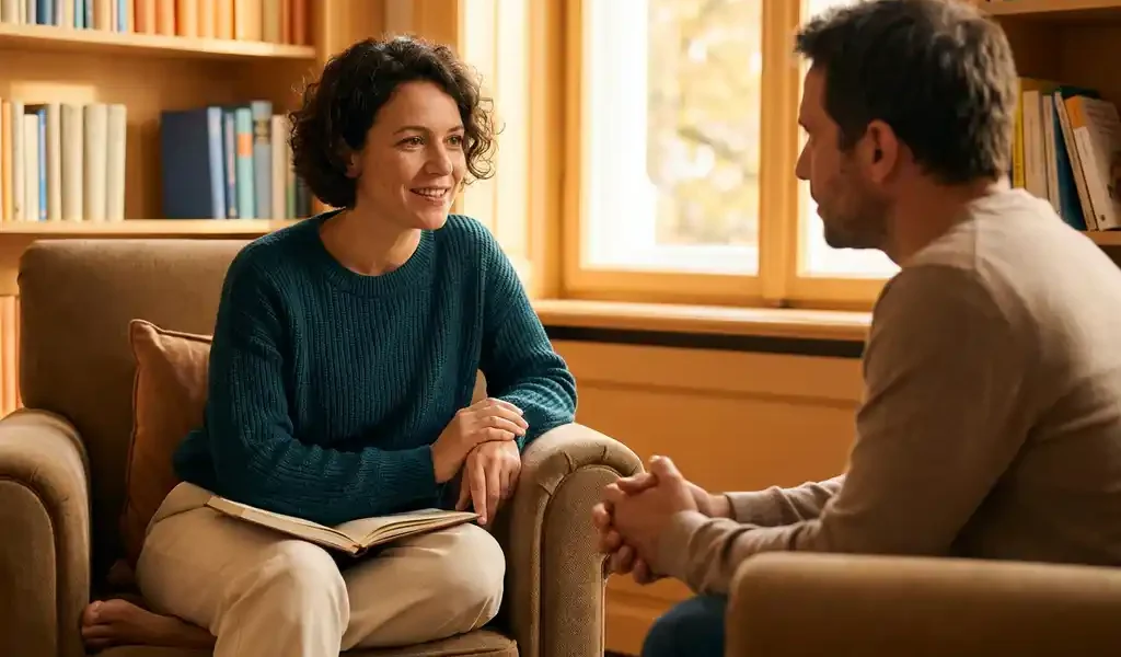Vrouwelijke coach met dagboek op schoot in gesprek met cliënt, warm verlicht kantoor met boekenkasten op de achtergrond.