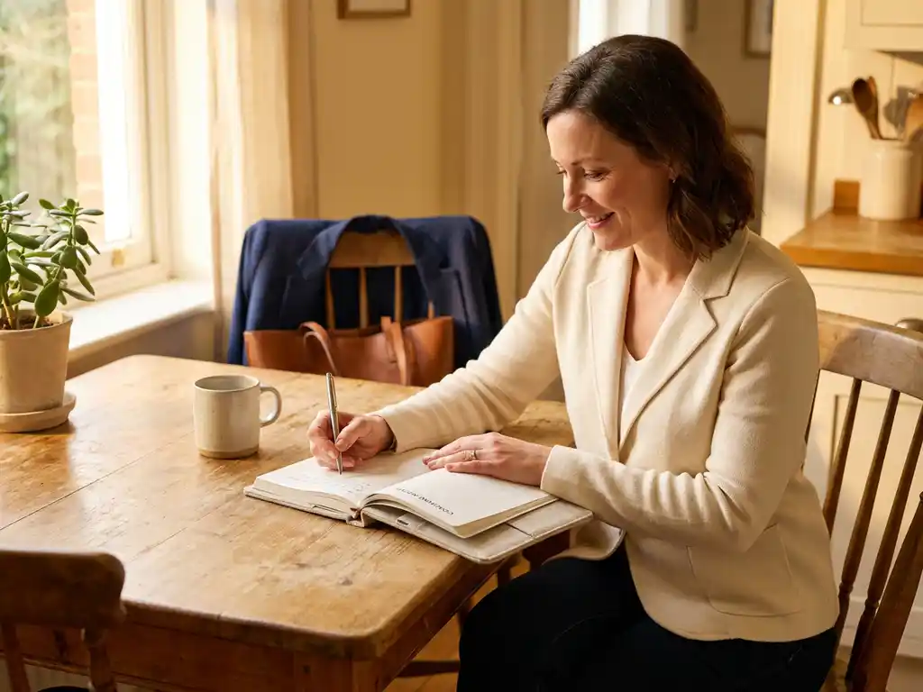 Vrouw in smart-casual kleding aan zonnige keukentafel met open coachingnotebook, blazer en werktas op stoel op de achtergrond.