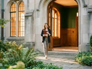 Zelfverzekerde vrouw met leren dagboek tegen haar borst, halverwege een stap op een stenen pad bij een verlichte gebouwsingang tijdens het gouden uur.